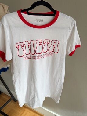 Gildan White Tee with Red Ringer Trim and 'Theta' Graphic